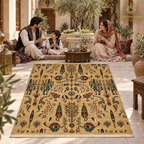 Golden-beige Afghan carpet in a luxury covered terrace with a multigenerational family at sunset