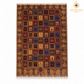 Top view of brown hand-knotted Afghan carpet with framed botanical motifs and fringe on two short ends