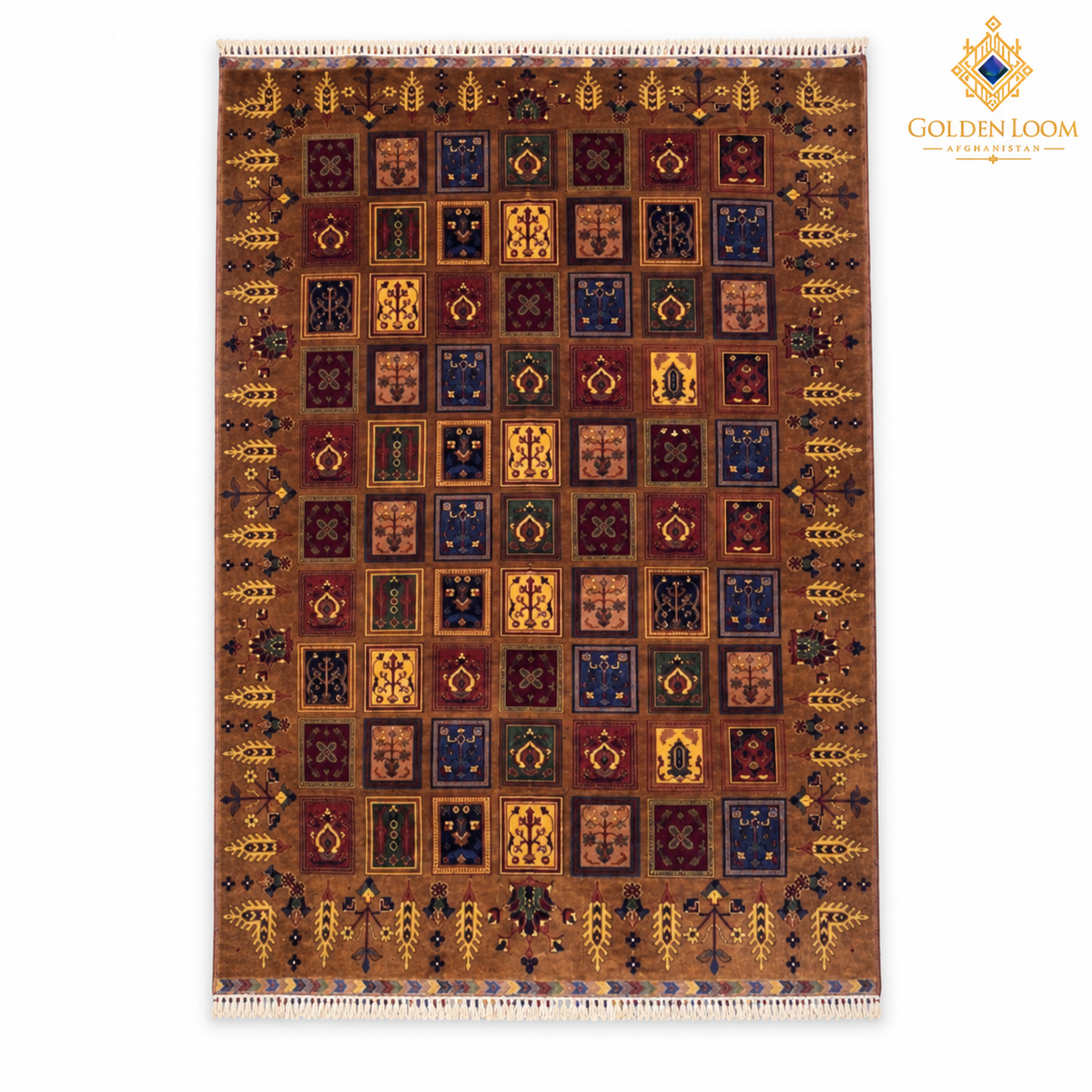 Top view of brown hand-knotted Afghan carpet with framed botanical motifs and fringe on two short ends