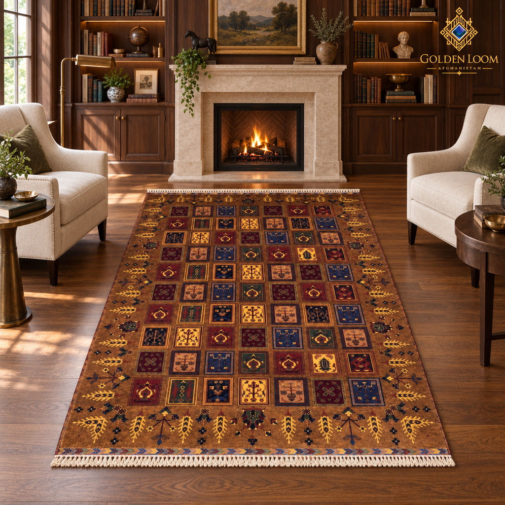 Brown Afghan wool carpet with colorful framed motifs styled before a fireplace in an elegant library