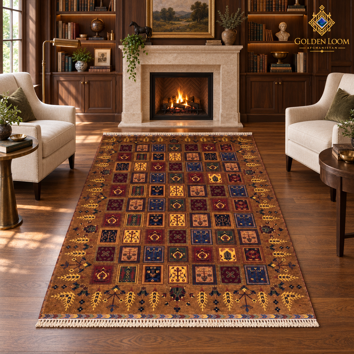 Brown Afghan wool carpet with colorful framed motifs styled before a fireplace in an elegant library
