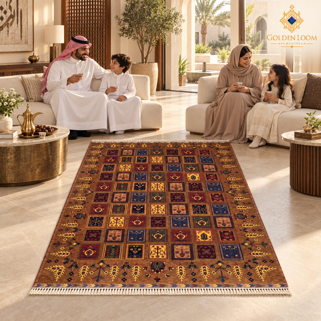 Afghan family gathered around a brown hand-knotted wool carpet with multicolored tile motifs