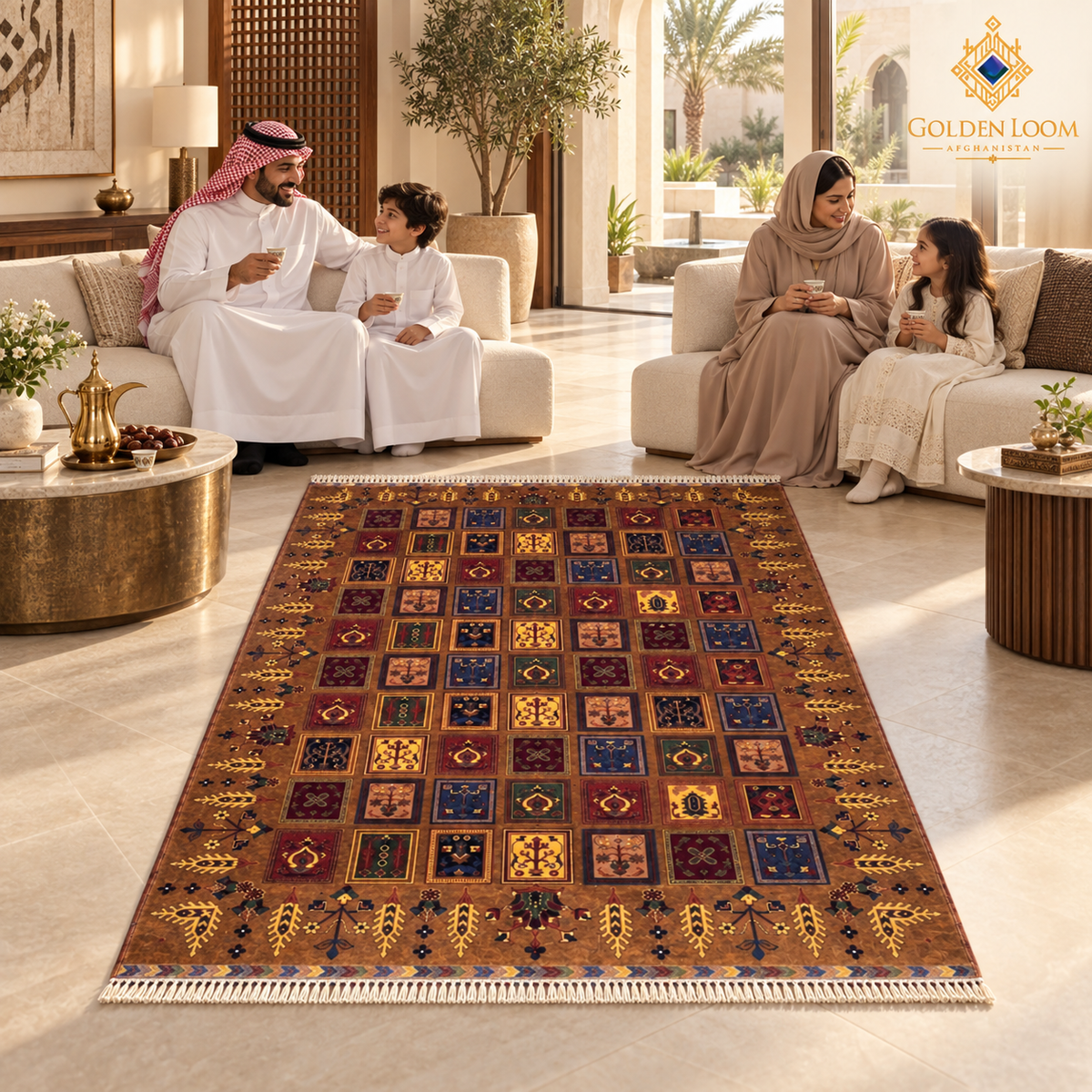 Afghan family gathered around a brown hand-knotted wool carpet with multicolored tile motifs