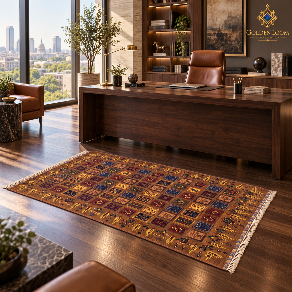 Brown tile-design Afghan carpet positioned beside a wooden desk in a luxury home office