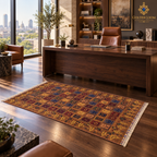 Brown tile-design Afghan carpet positioned beside a wooden desk in a luxury home office