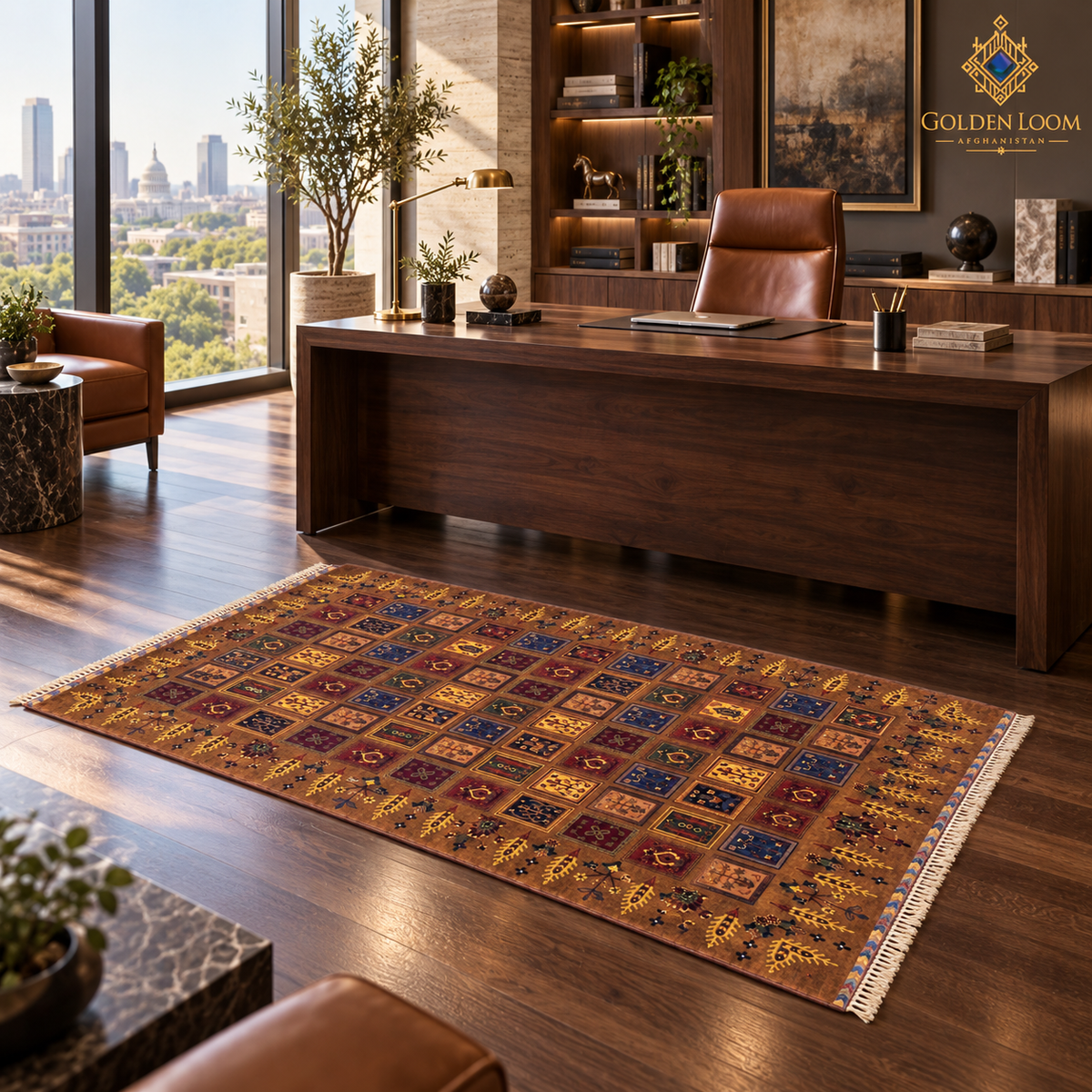 Brown tile-design Afghan carpet positioned beside a wooden desk in a luxury home office