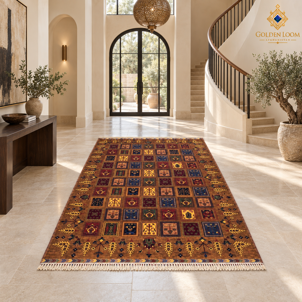 Brown hand-knotted Afghan wool carpet displayed in a sunlit luxury entrance hall