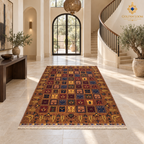 Brown hand-knotted Afghan wool carpet displayed in a sunlit luxury entrance hall