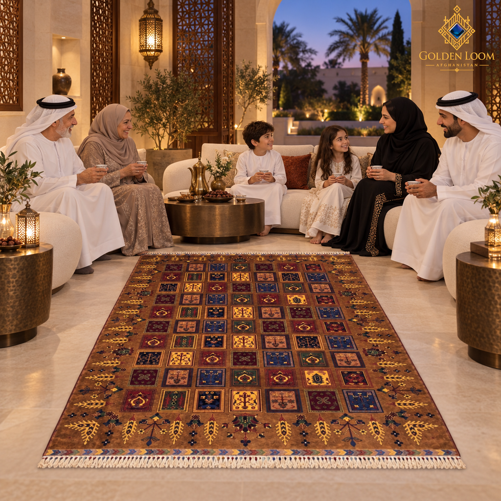 Hand-knotted brown Afghan carpet displayed in a luxurious Arabian majlis interior