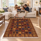 Brown tile-pattern Afghan wool carpet styled in an elegant American living room