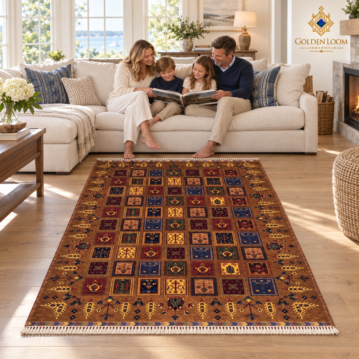 Brown tile-pattern Afghan wool carpet styled in an elegant American living room