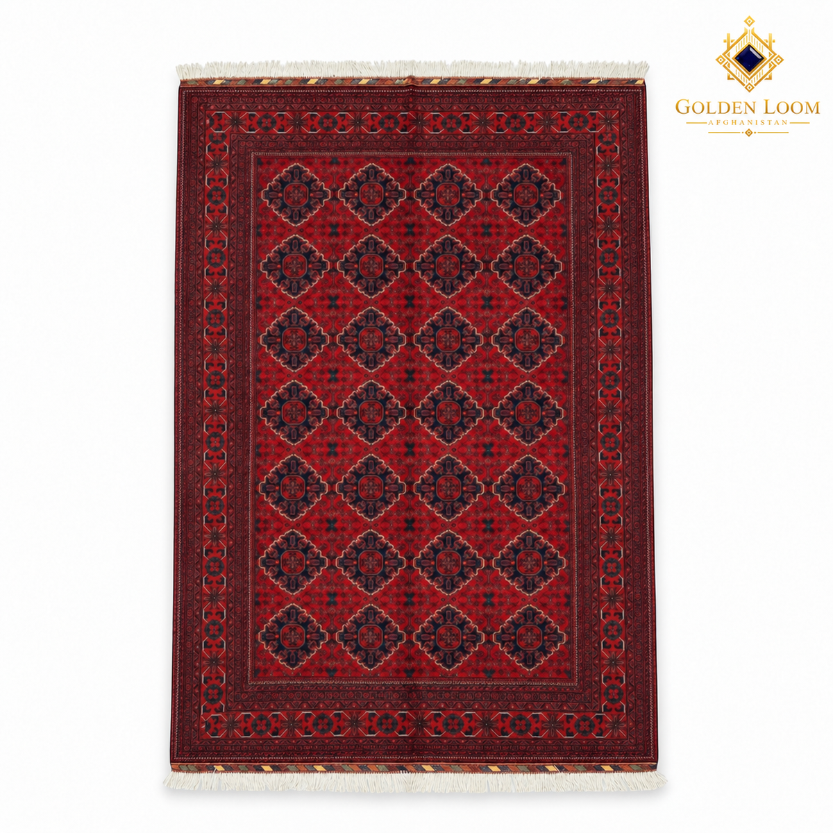Top view of a red Khal Mohammadi hand-knotted Afghan wool carpet with dark geometric motifs and white fringe.