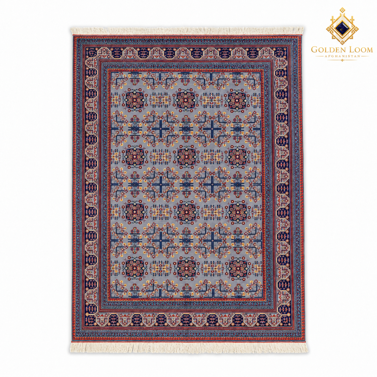Top view of a blue-grey hand-knotted Afghan wool carpet with geometric motifs, layered borders and cream fringe.