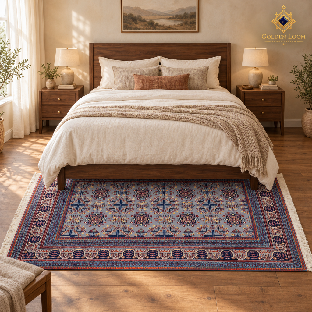 Blue-grey hand-knotted Afghan wool carpet styled beneath a walnut bed in a serene neutral bedroom.
