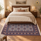 Blue-grey hand-knotted Afghan wool carpet styled beneath a walnut bed in a serene neutral bedroom.