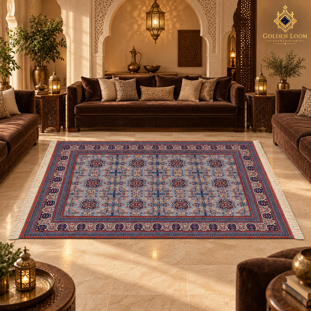 Blue-grey hand-knotted Afghan wool carpet styled in a luxurious Arabian salon with brown velvet seating.