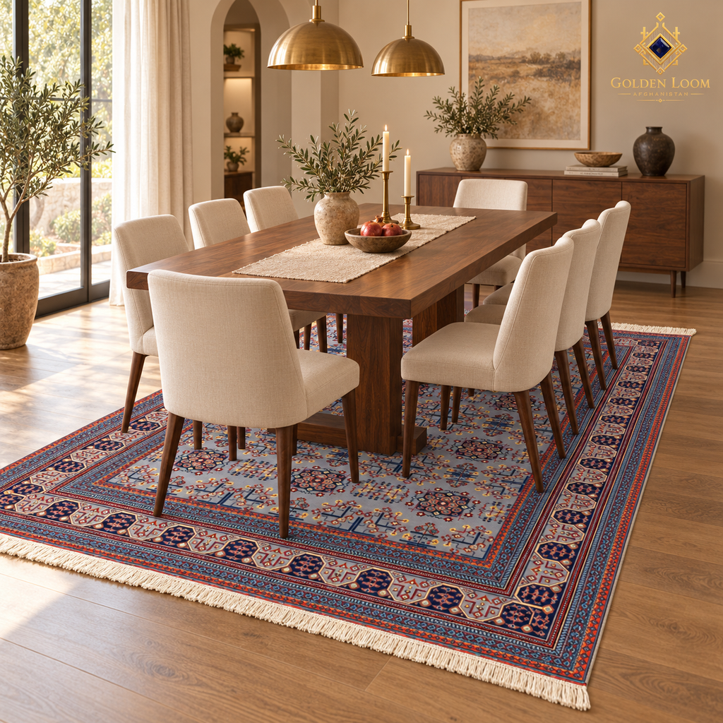 Blue-grey Afghan wool carpet displayed beneath a walnut dining table in an elegant neutral dining room.