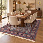 Blue-grey Afghan wool carpet displayed beneath a walnut dining table in an elegant neutral dining room.