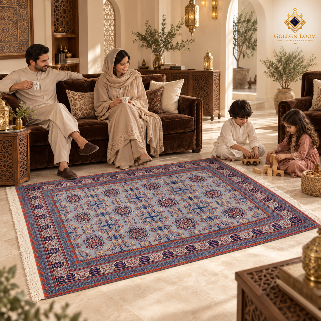 Family in an elegant Arabian salon featuring brown velvet sofas and a blue-grey hand-knotted Afghan wool carpet.