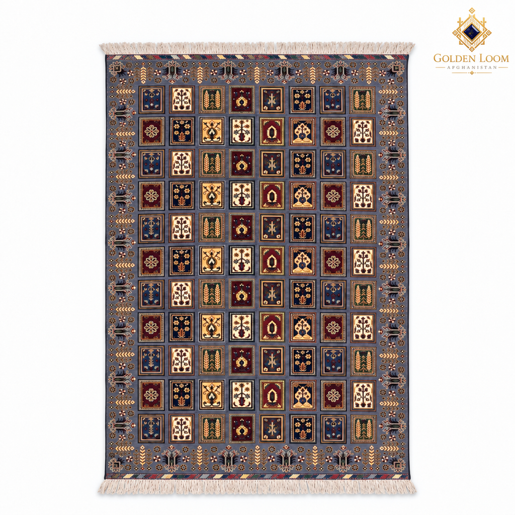 Top view of the Aina Gul Mirror hand-knotted Afghan wool carpet on a white background