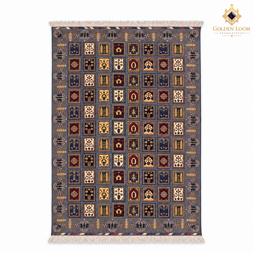 Top view of the Aina Gul Mirror hand-knotted Afghan wool carpet on a white background