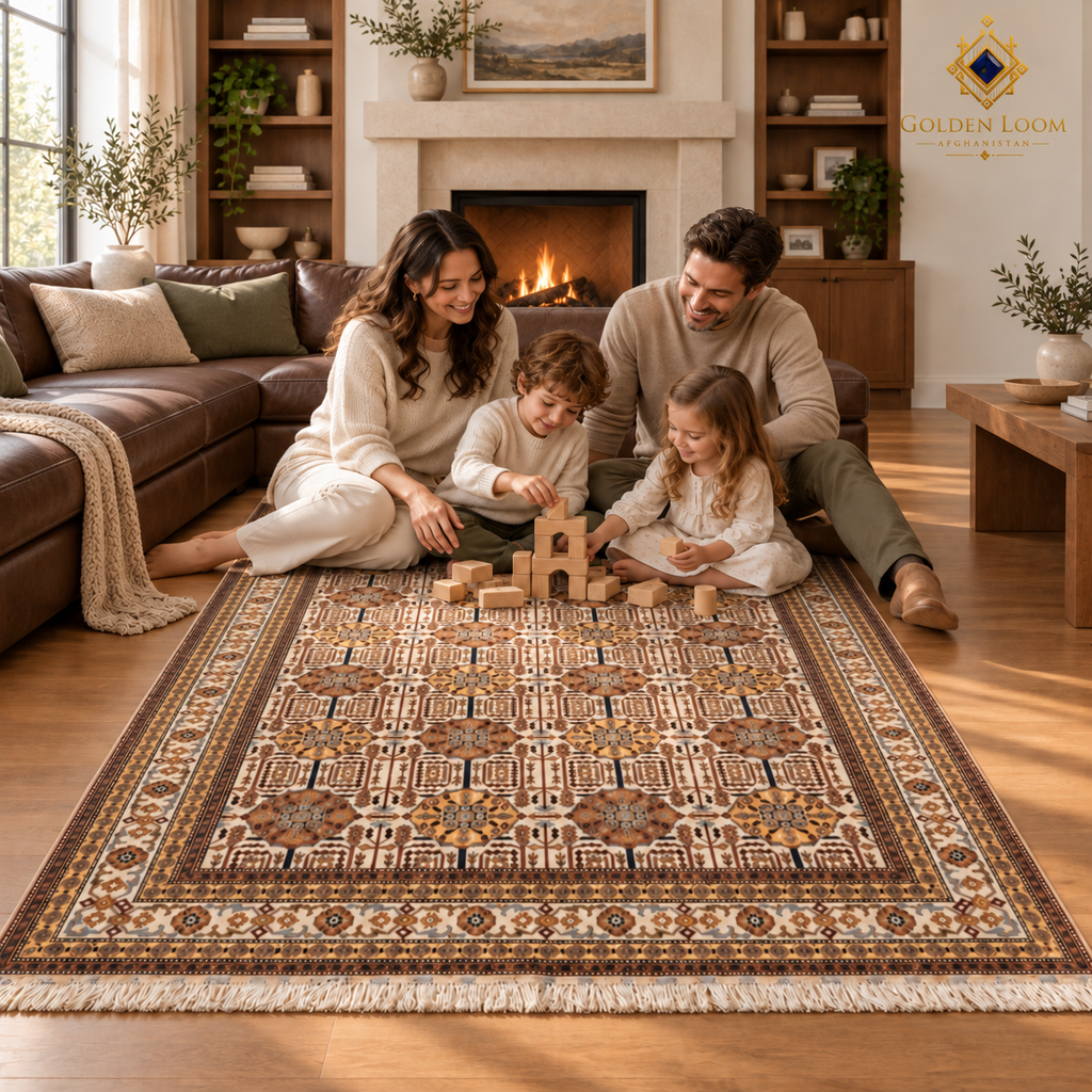Family playing with wooden blocks on a cream hand-knotted Afghan wool carpet in a warm living room