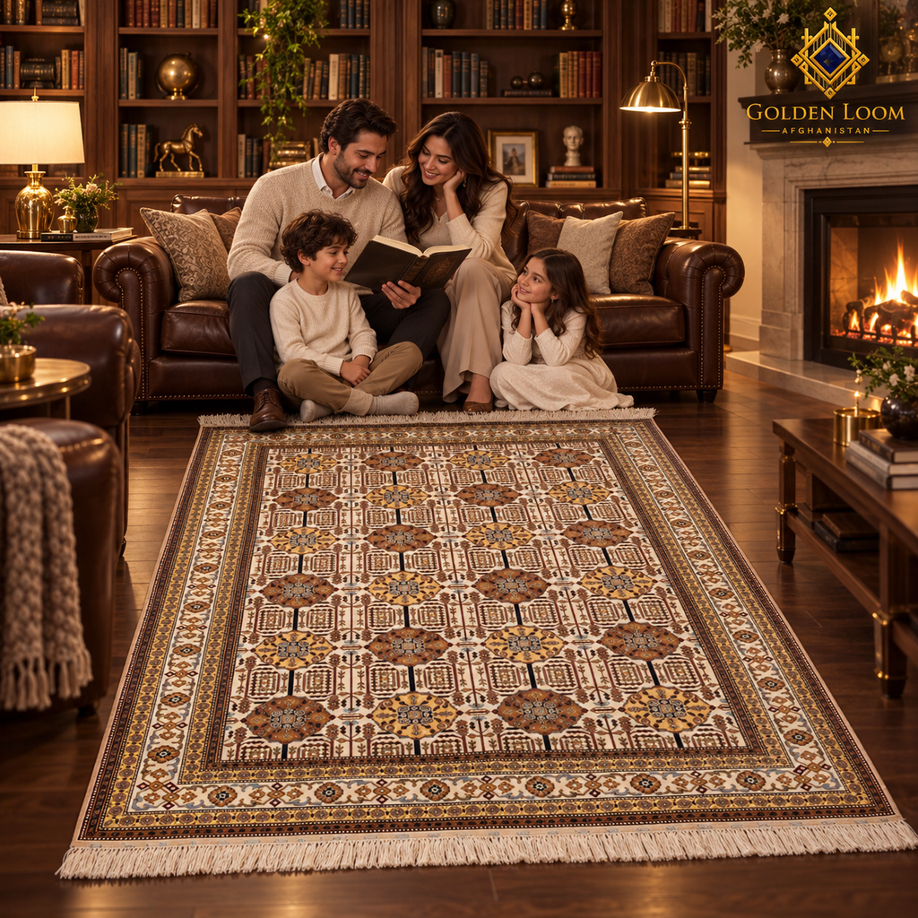 Parents and children enjoying story time on a traditional Afghan wool carpet in a luxury library