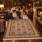 Parents and children enjoying story time on a traditional Afghan wool carpet in a luxury library