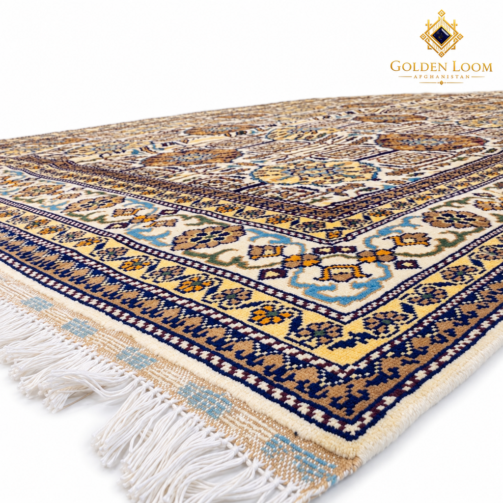Close-up of an Afghan wool carpet with cream, navy, gold and blue geometric floral motifs