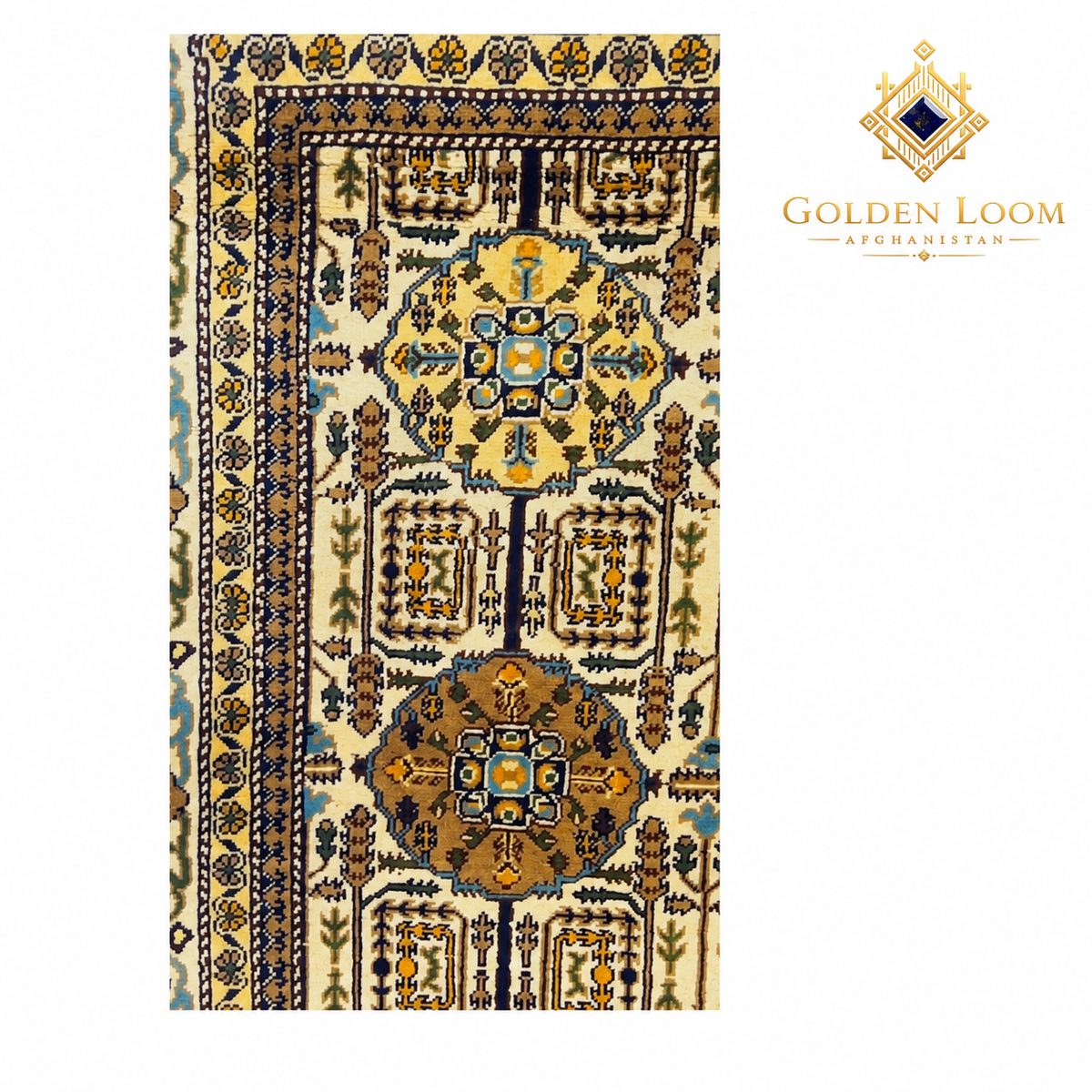 Low-angle detail of an Afghan wool carpet showing layered borders, pile texture and white fringe