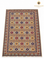Afghan area rug with a cream background, colorful floral medallions, intricate geometric motifs, and a richly patterned border
