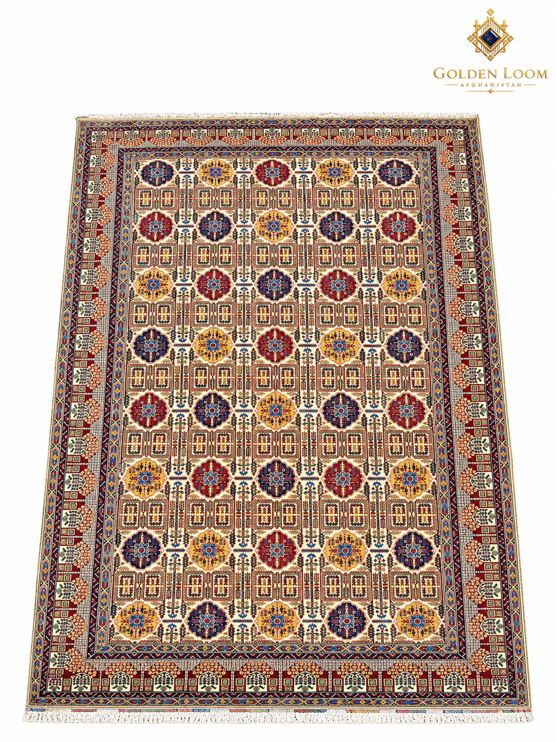 Afghan area rug with a cream background, colorful floral medallions, intricate geometric motifs, and a richly patterned border