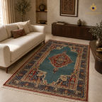 The Mazar-e-Sharif Kashan Legacy highlighting its hand-knotted pattern, natural wool and artisan craftsmanship.