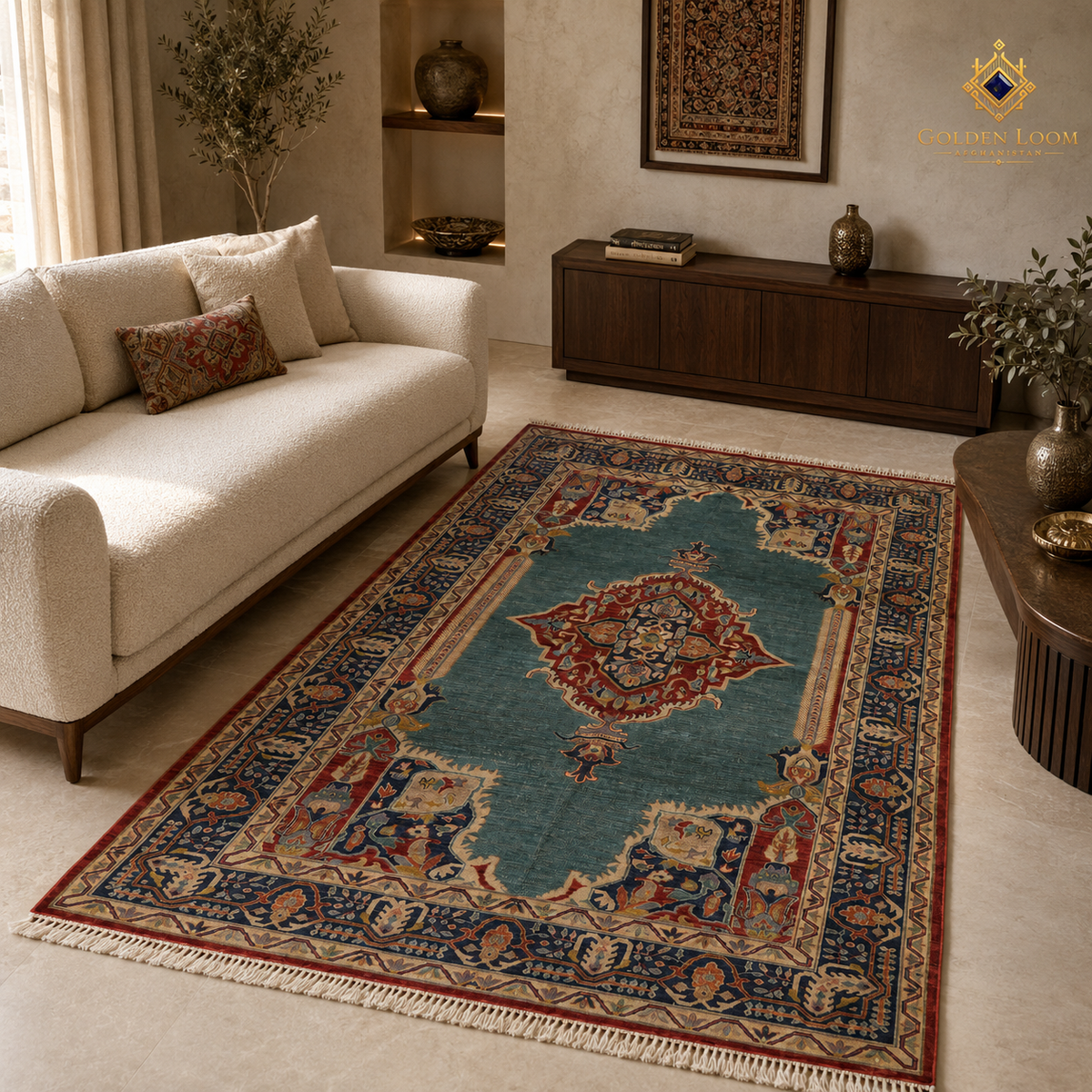 The Mazar-e-Sharif Kashan Legacy highlighting its hand-knotted pattern, natural wool and artisan craftsmanship.