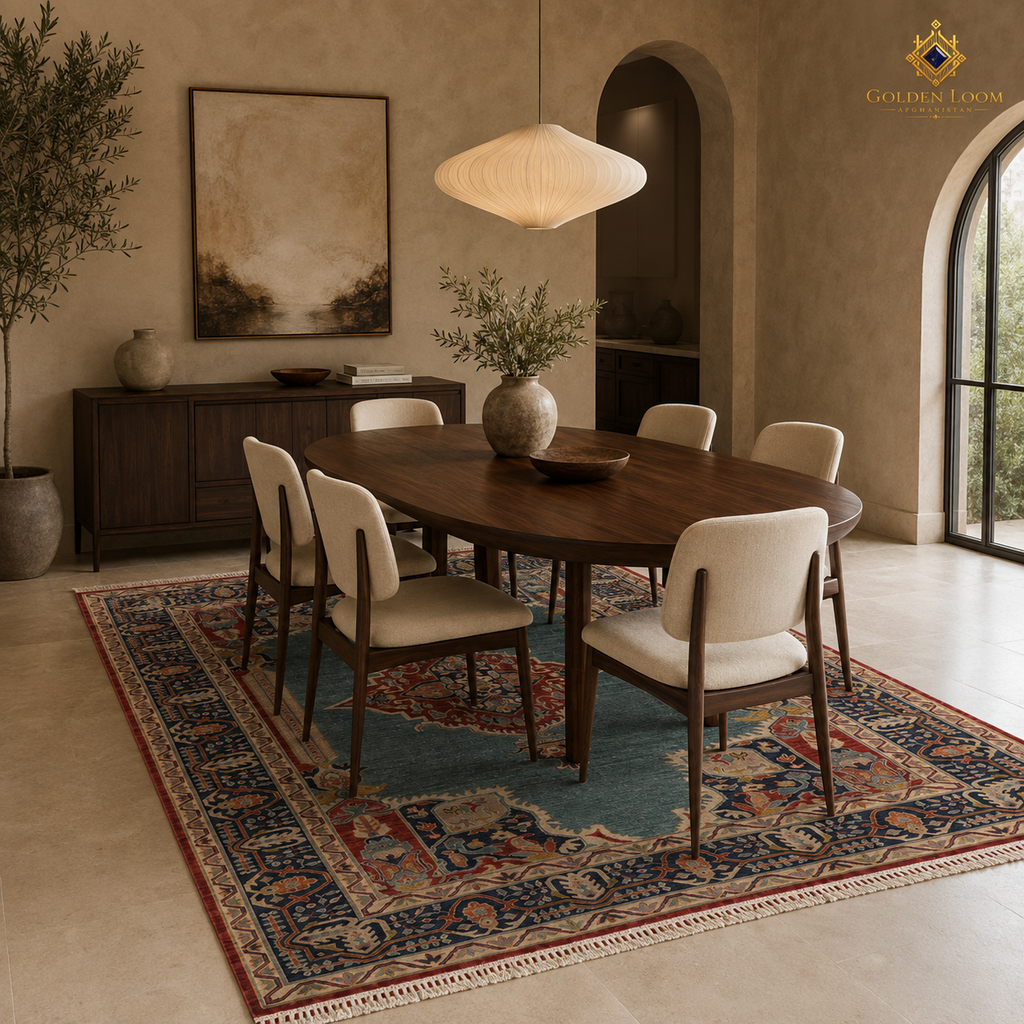 The Mazar-e-Sharif Kashan Legacy highlighting its hand-knotted pattern, natural wool and artisan craftsmanship.