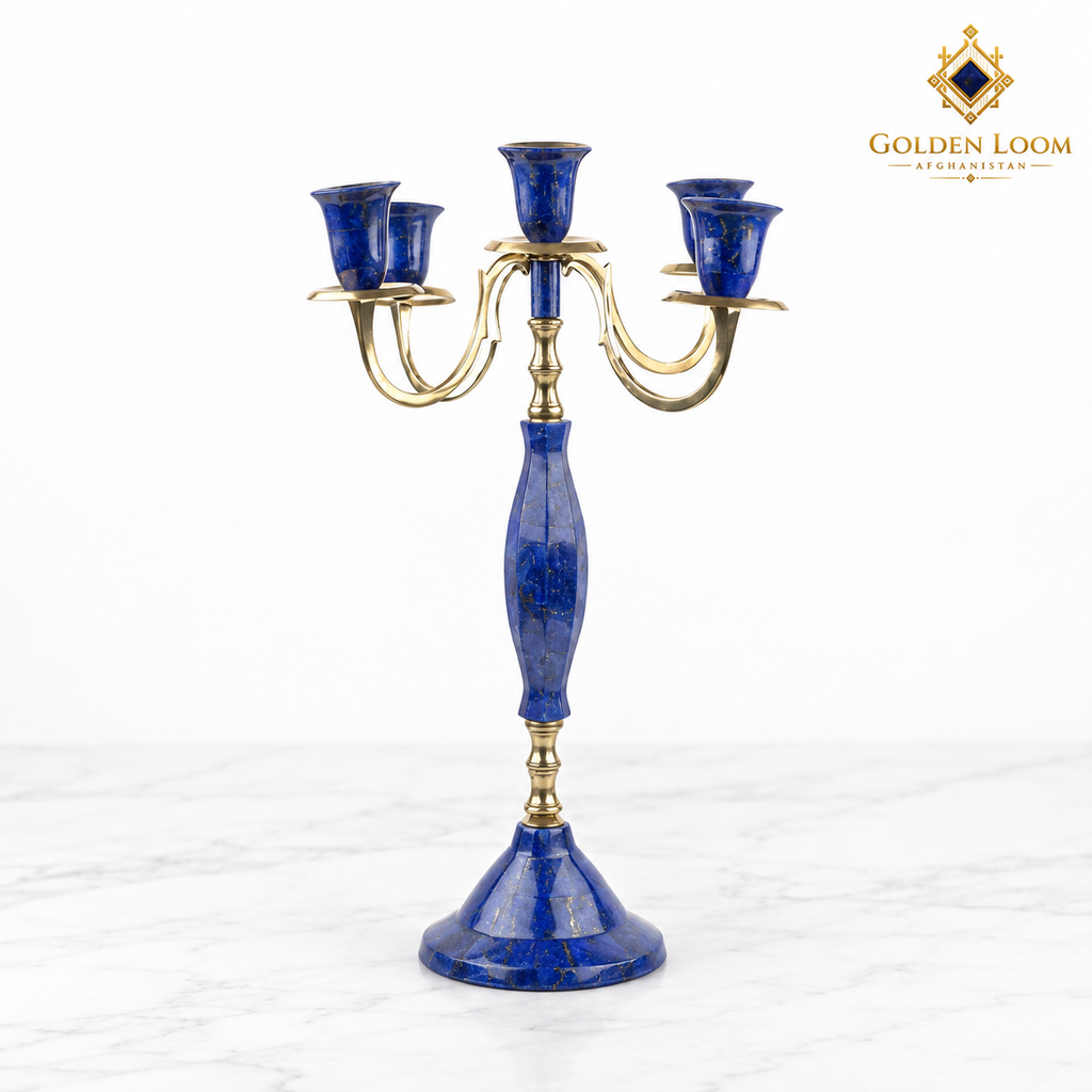 Individual five-arm candelabrum handcrafted from blue lapis lazuli and polished brass.
