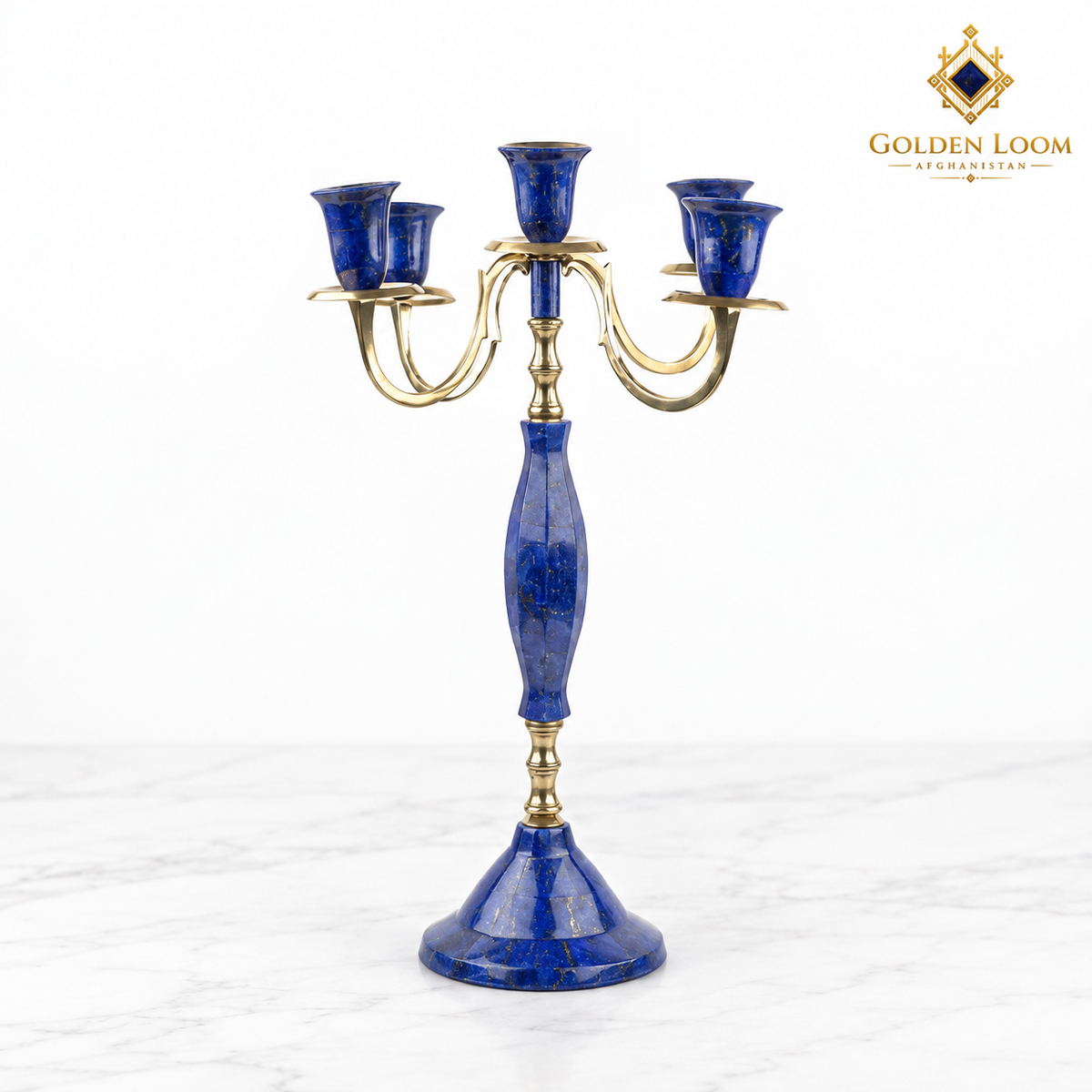 Individual five-arm candelabrum handcrafted from blue lapis lazuli and polished brass.