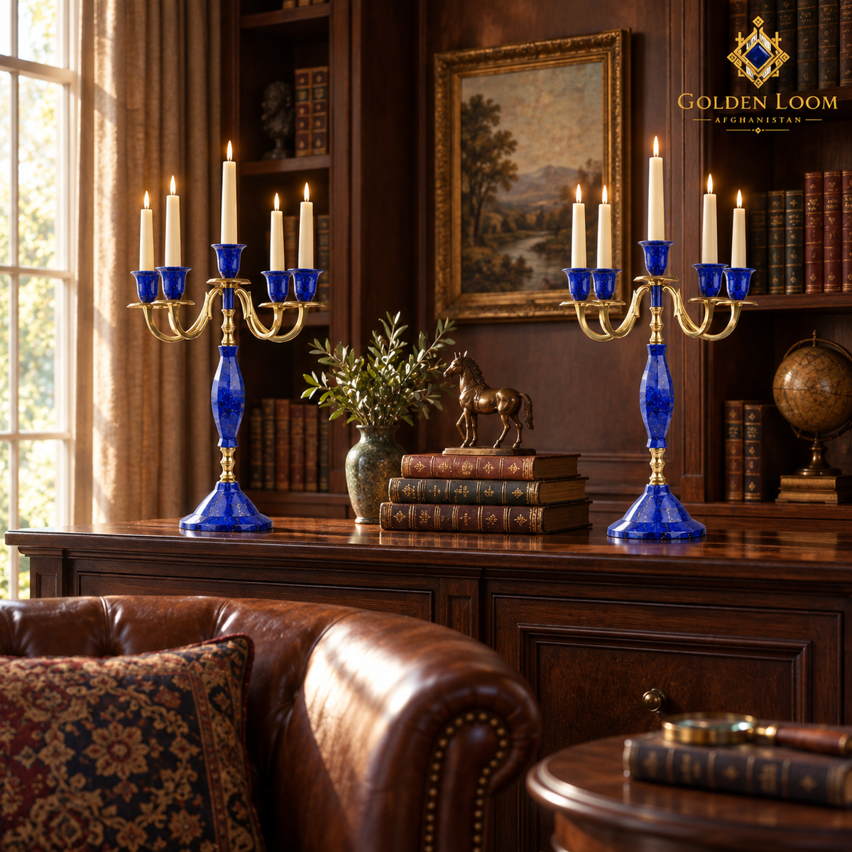 Two handcrafted lapis lazuli and brass candelabra displayed in a refined collector’s library.