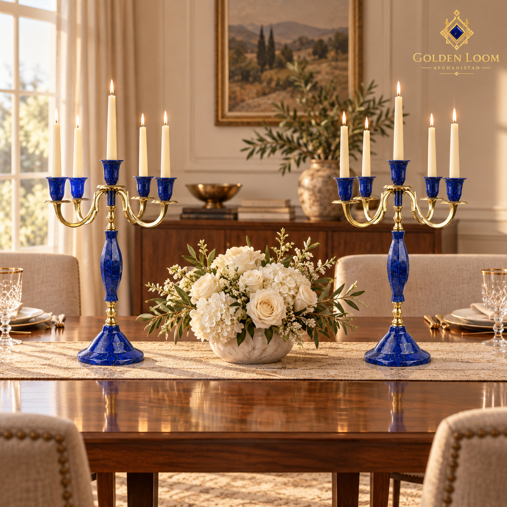 Matching lapis lazuli and brass candelabra displayed symmetrically on a luxury walnut console.