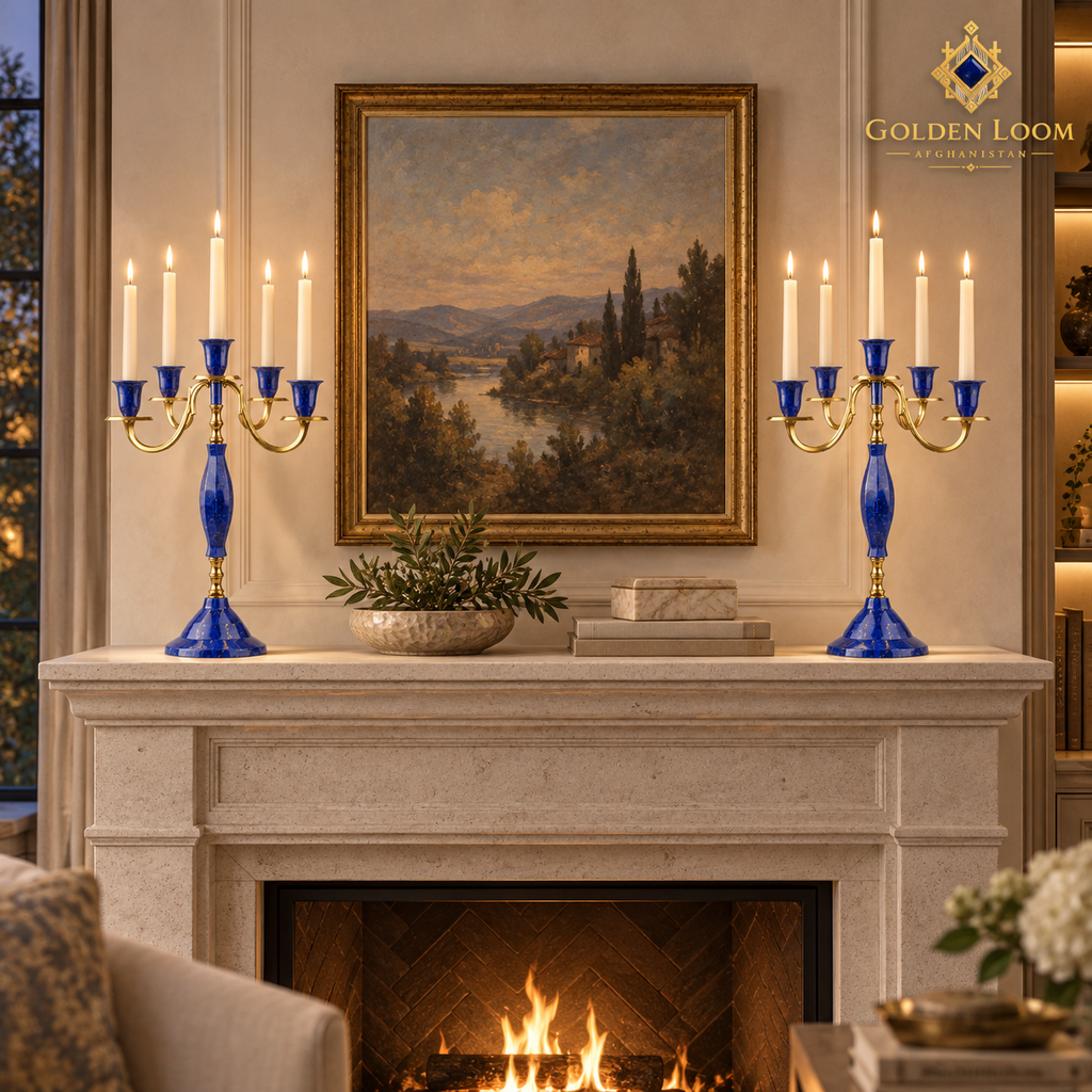 Matching five-arm lapis lazuli candelabra displayed symmetrically on a formal stone fireplace mantel.