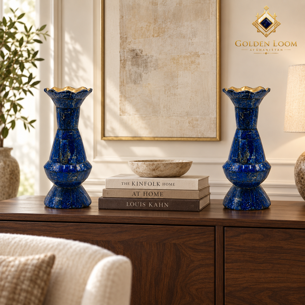 Handcrafted lapis lazuli vase pair styled with dried ivory botanicals and eucalyptus on a walnut dining table.