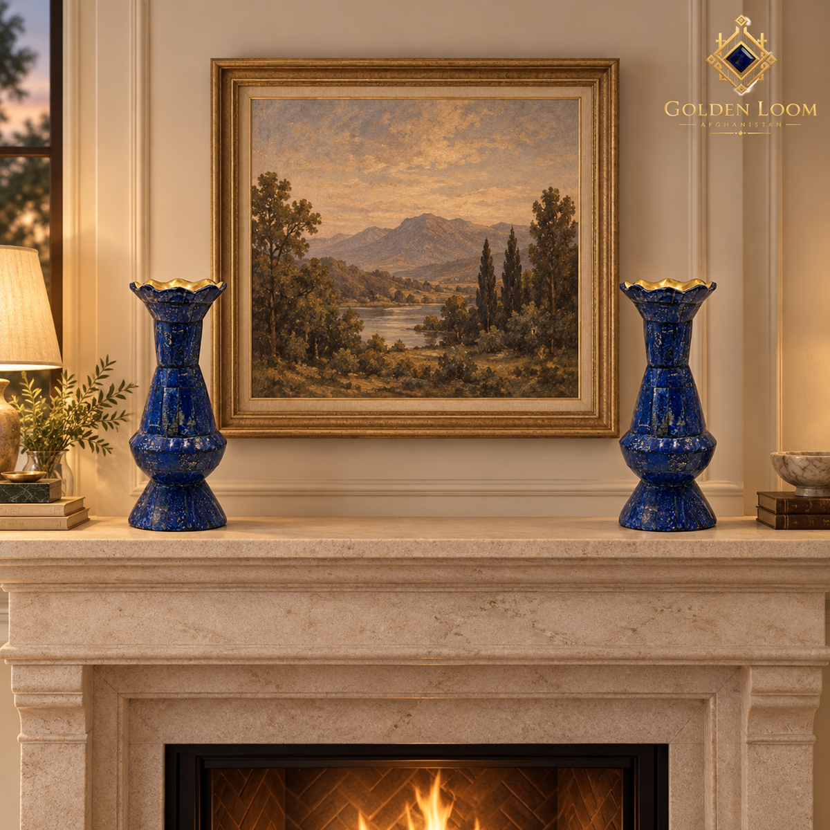 Pair of blue lapis lazuli vases arranged symmetrically on a limestone fireplace mantel beneath framed artwork.