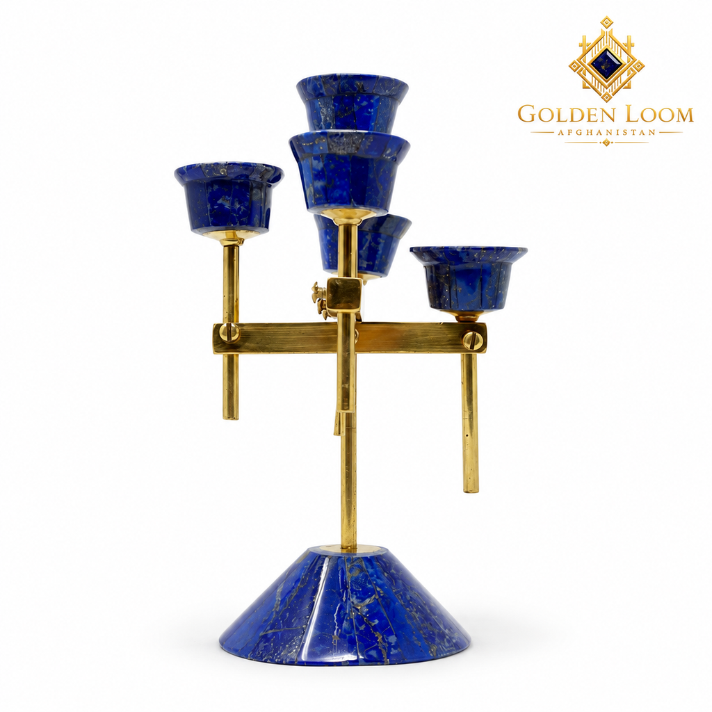 Handcrafted five-light lapis lazuli and brass candelabrum on a white background with the Golden Loom Afghanistan logo.
