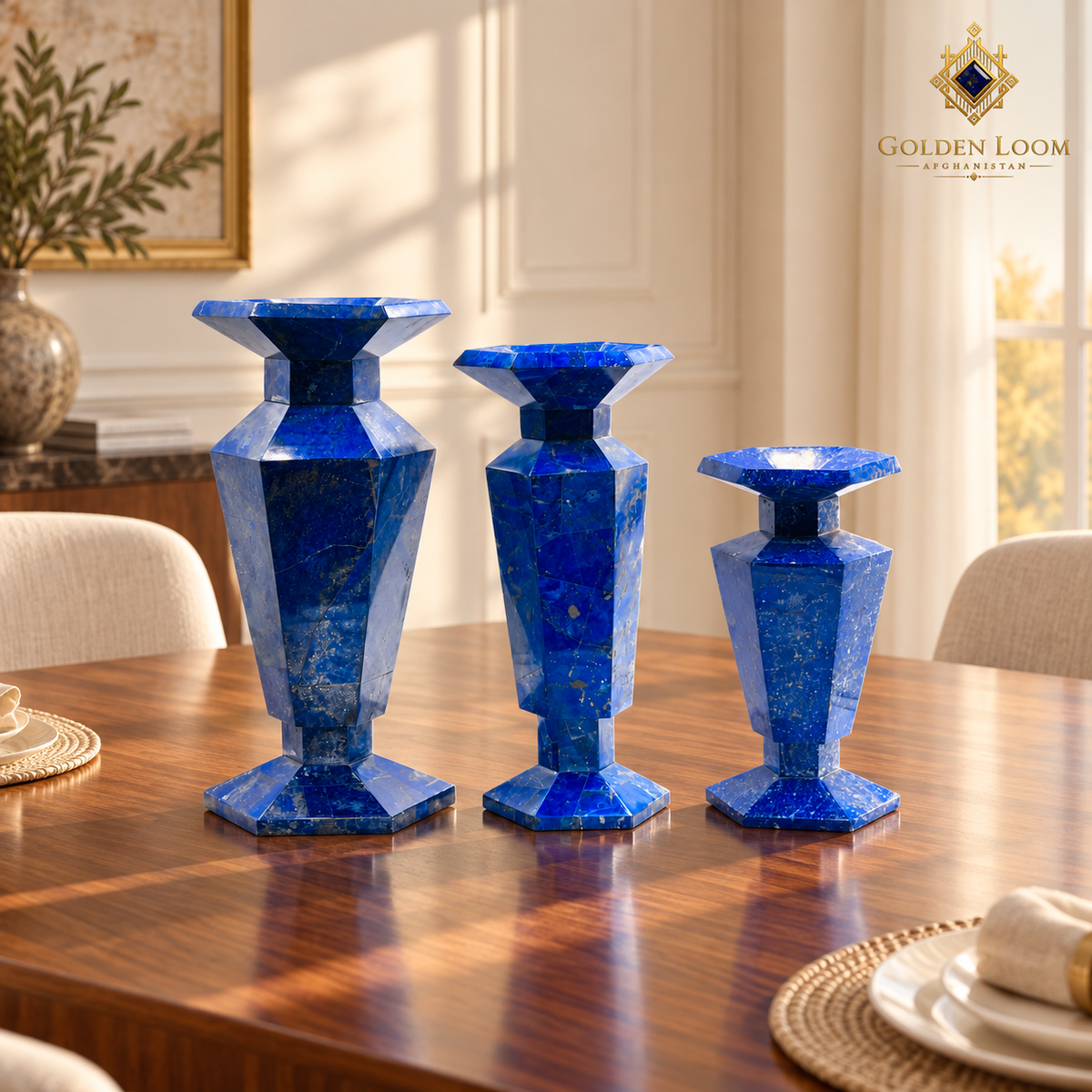 Three geometric Afghan lapis lazuli vases arranged as a sculptural centerpiece on a walnut dining table.