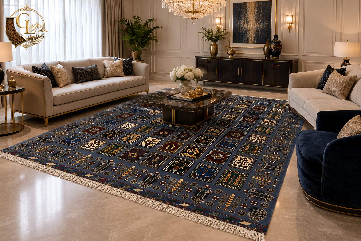 Belzhiki & Regional Mirror Design Afghan carpet styled in a luxury living room – dark slate-blue botanical panel field with ivory fringe anchoring a beige and navy velvet sofa set around a black marble coffee table, crystal chandelier, gold accents and palm décor, 202×301cm hand-knotted Turkman wool, Golden Loom Afghanistan