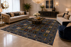 Belzhiki & Regional Mirror Design Afghan carpet in a luxury interior – wide-angle view showing full carpet beneath a black marble coffee table with white floral arrangement, flanked by beige and navy velvet sofas, crystal chandelier and gold wall sconces overhead, 202×301cm hand-knotted Turkman wool, Golden Loom Afghanistan