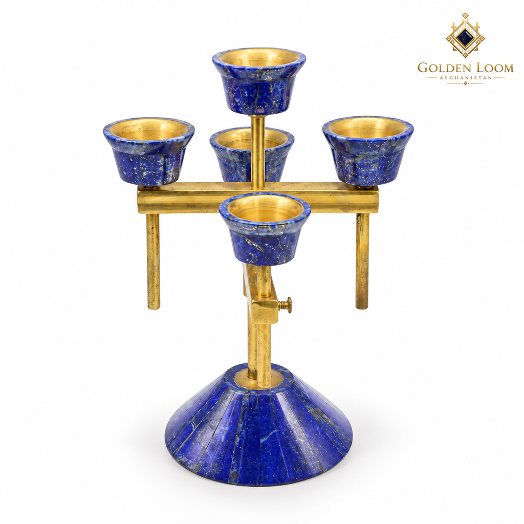 Front view of a handcrafted five-light candelabrum made from genuine blue lapis lazuli and polished brass.