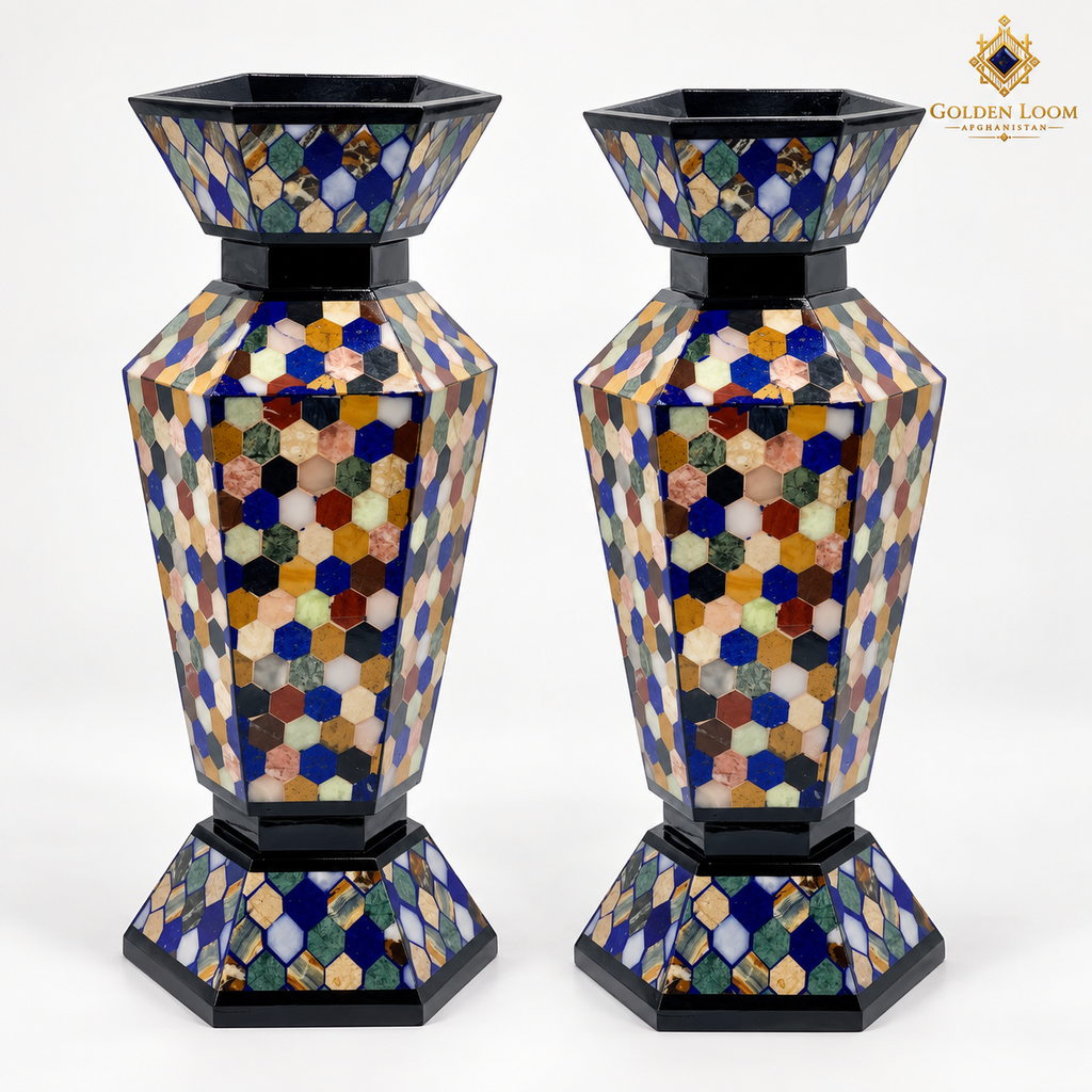 Two Afghan natural-stone vases with multi-coloured honeycomb inlay on a white background.