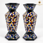 Two Afghan natural-stone vases with multi-coloured honeycomb inlay on a white background.