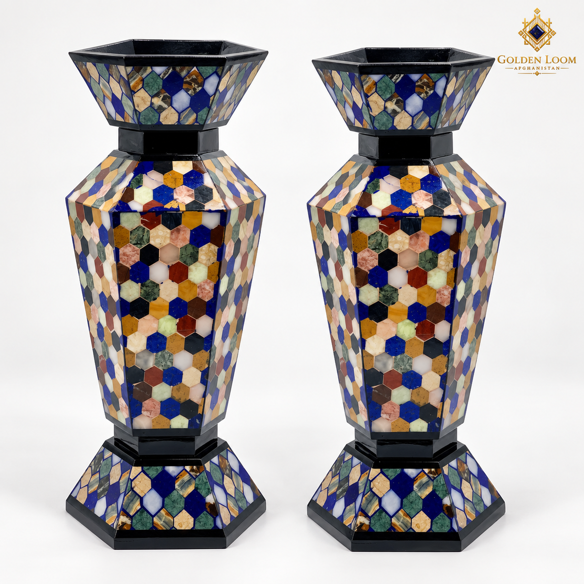 Two Afghan natural-stone vases with multi-coloured honeycomb inlay on a white background.